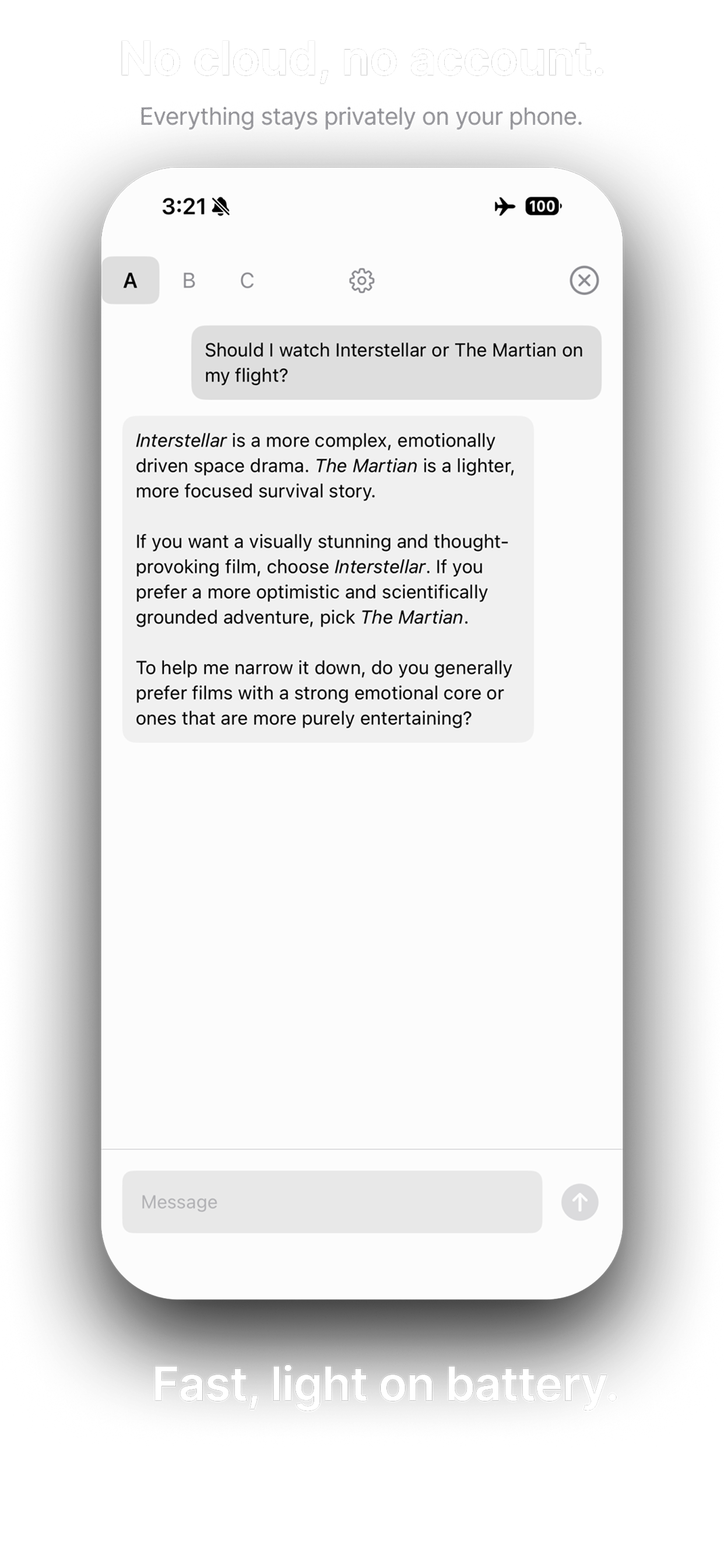 Cloak answering a question fully on-device, with no cloud connection, no account, and no login
