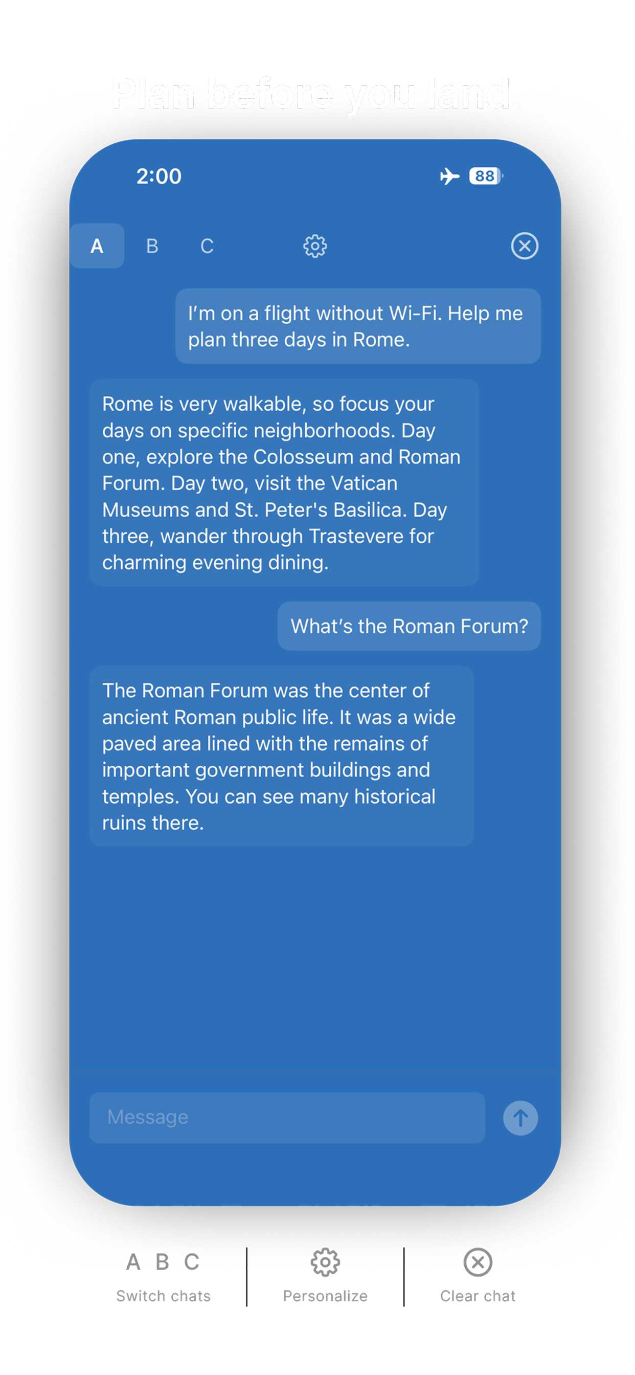 Cloak: Offline AI Chat planning a trip on an iPhone in airplane mode, on a flight with no Wi-Fi