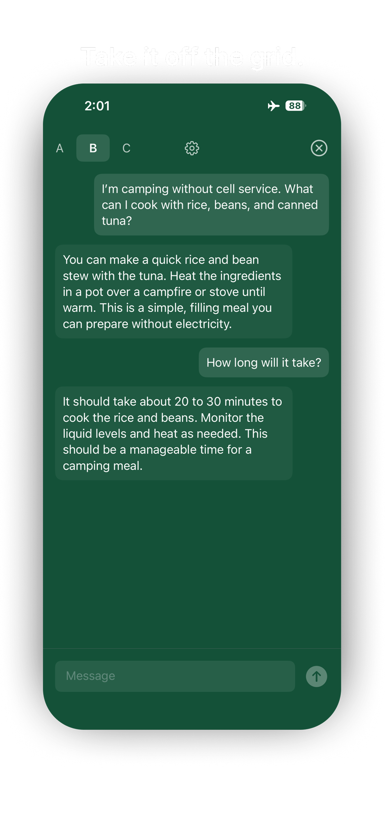 Cloak answering a camping question on an iPhone with no cell service, generated entirely on the device