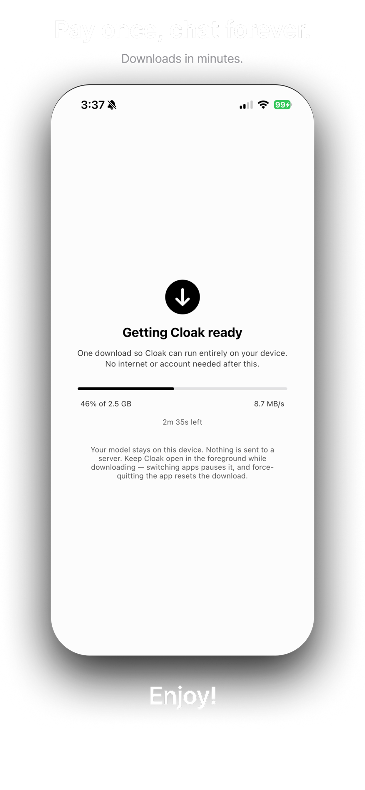 Cloak's one-time setup screen downloading its AI model, showing that the model stays on-device and nothing is sent to a server