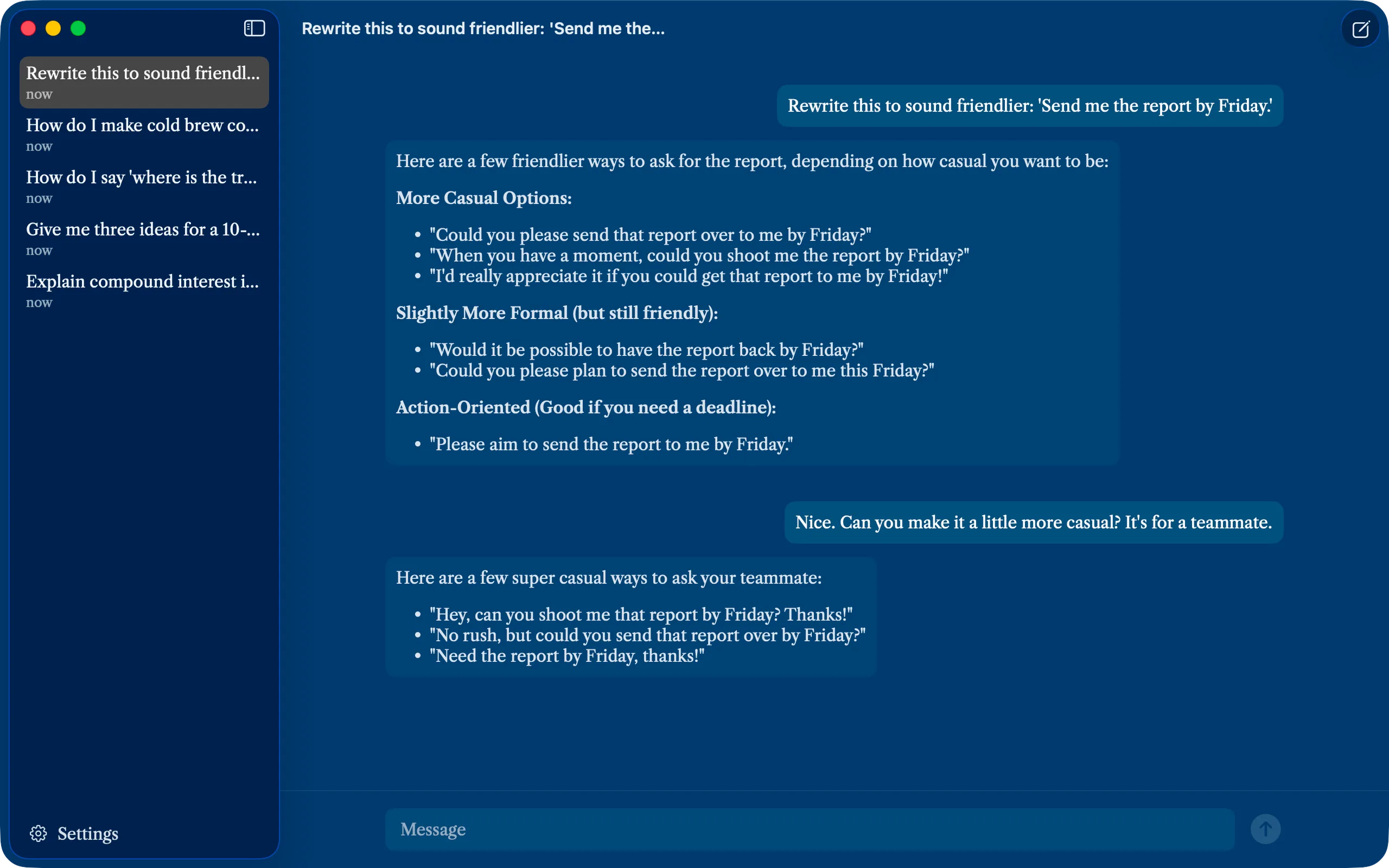 Cloak on a Mac rewriting Send me the report by Friday to sound friendlier, with earlier chats listed in the sidebar